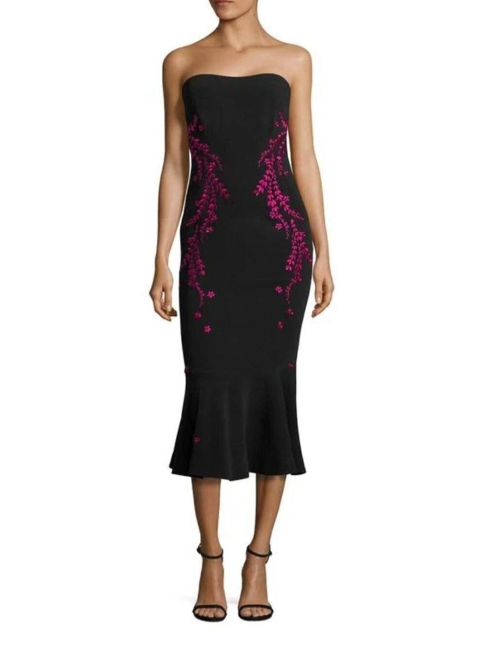 Cinq a Sept Luna embroidered strapless midi dress black pink flounce hem formal